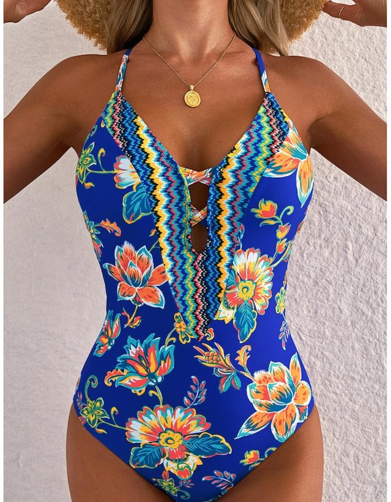 Blue Floral Plunging Slim & Sculpt One-Piece Crisscross Backless One Piece Swimsuit