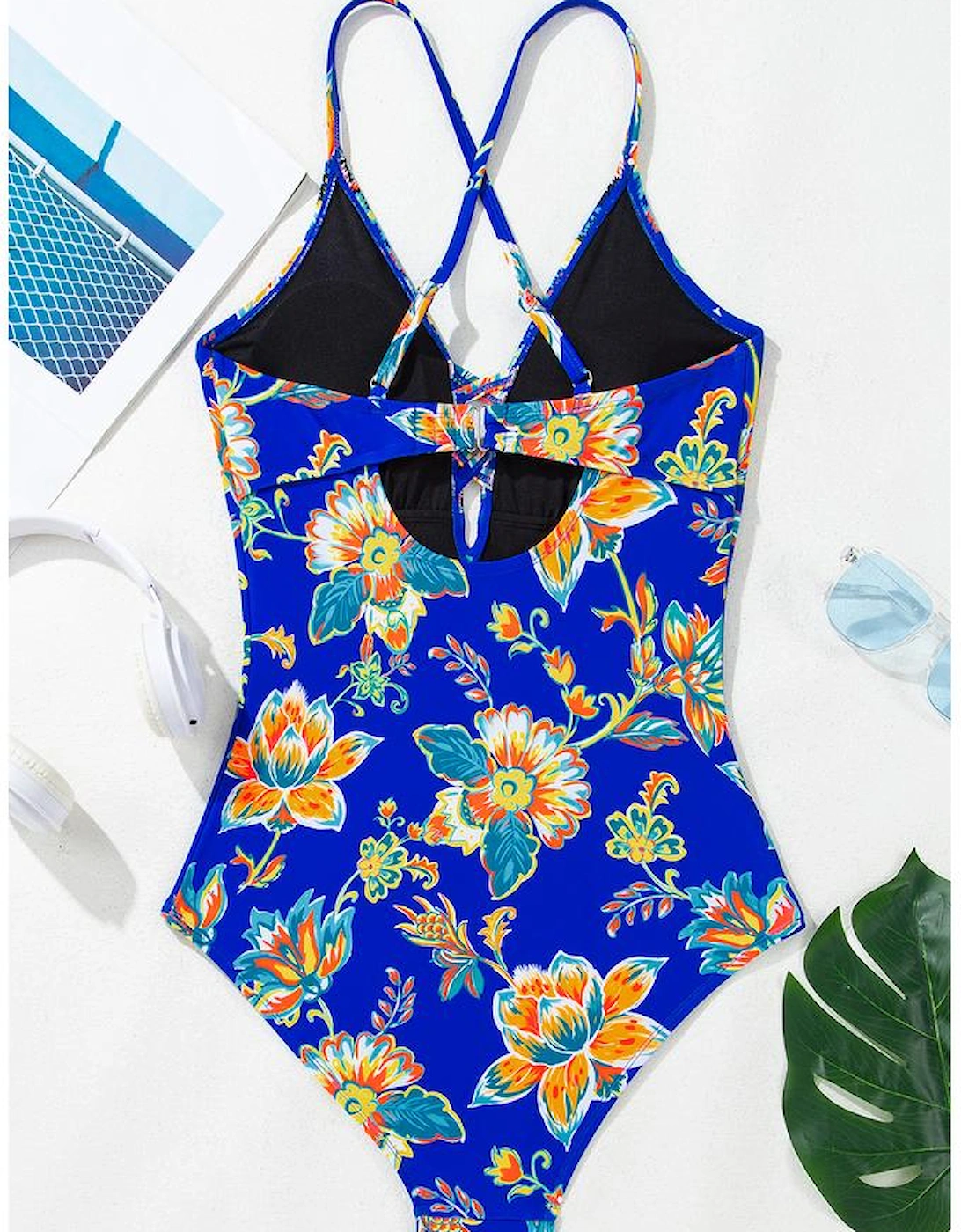 Blue Floral Plunging Slim & Sculpt One-Piece Crisscross Backless One Piece Swimsuit