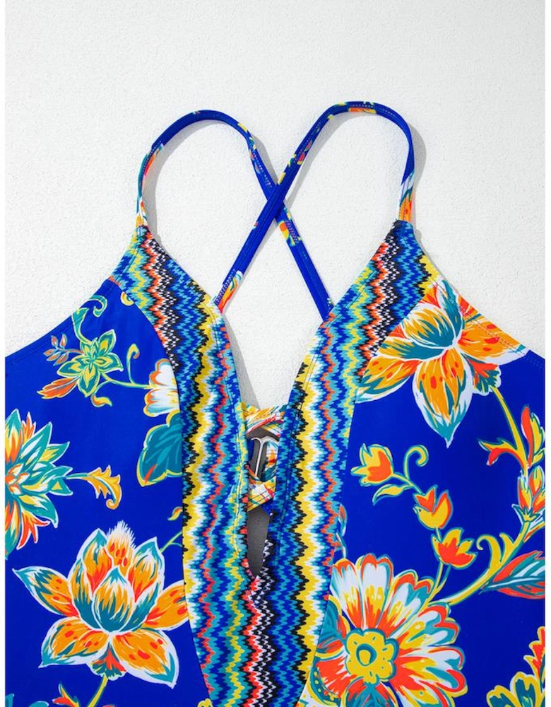 Blue Floral Plunging Slim & Sculpt One-Piece Crisscross Backless One Piece Swimsuit
