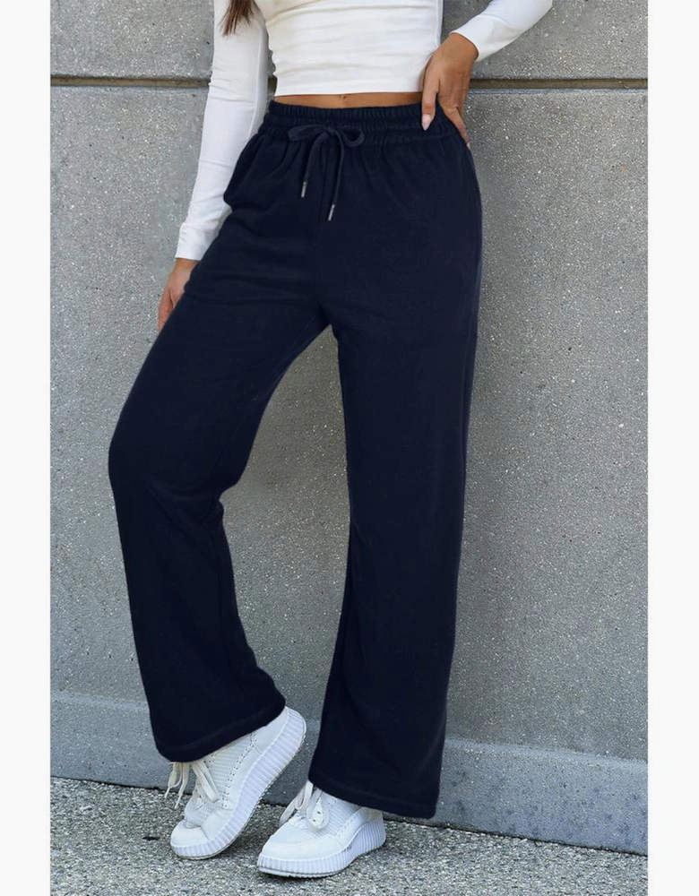 Navy Blue Solid Color Fleece Lined Drawstring Waist Casual Pants
