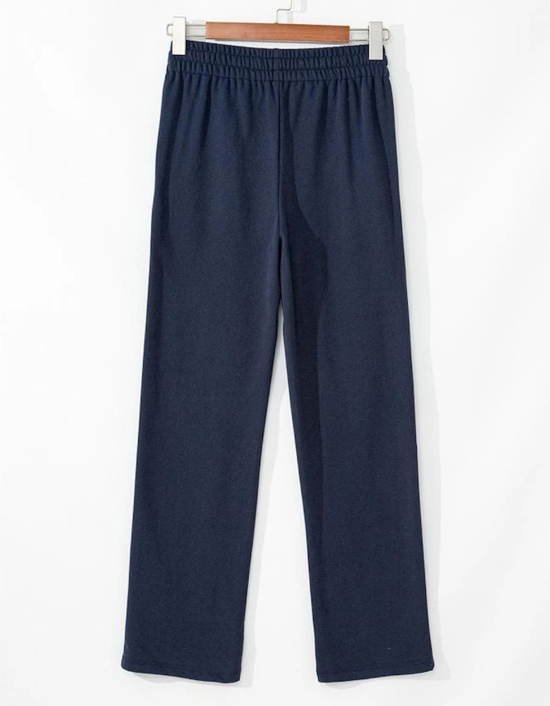 Navy Blue Solid Color Fleece Lined Drawstring Waist Casual Pants