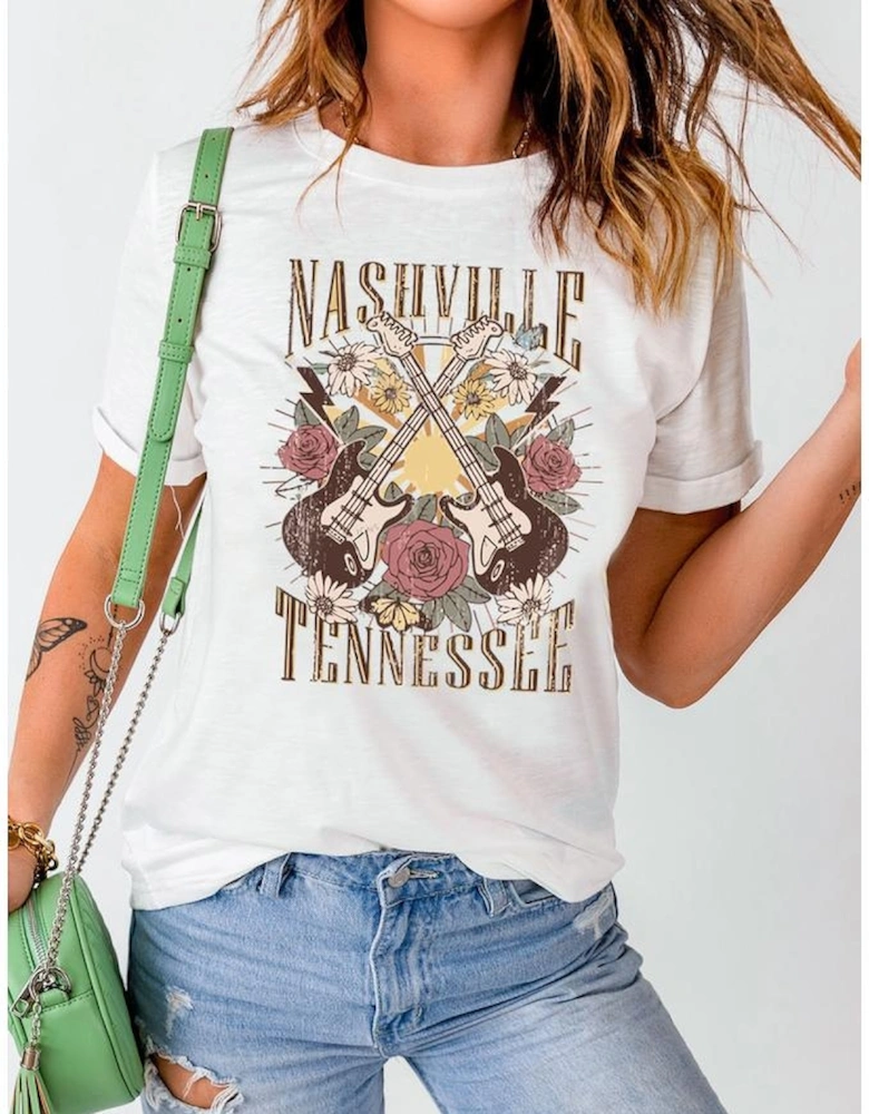 White Nashville Tennessee Guitar Rose Graphic Crewneck Tee