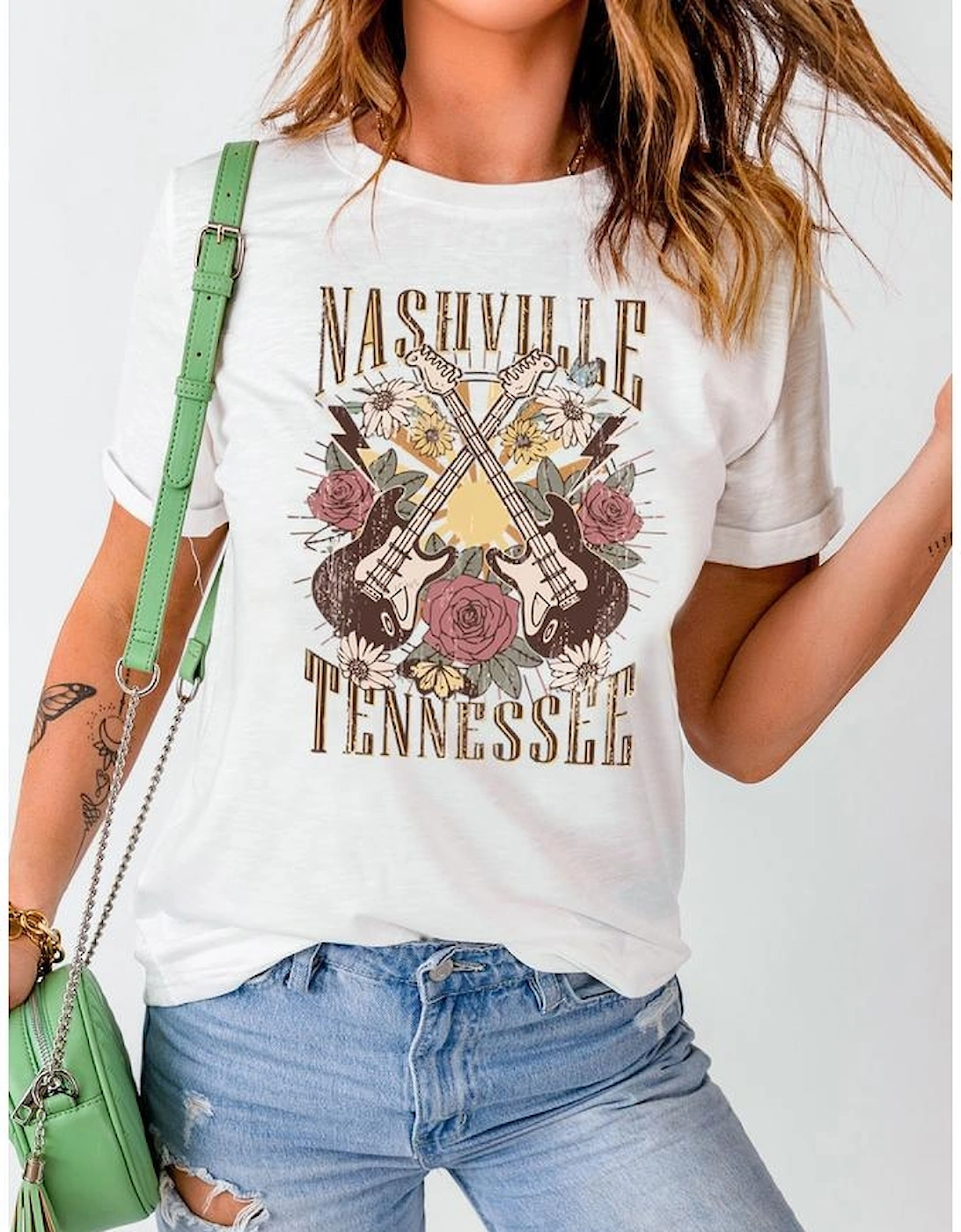 White Nashville Tennessee Guitar Rose Graphic Crewneck Tee