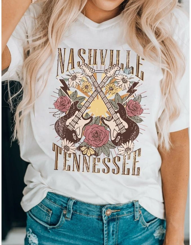White Nashville Tennessee Guitar Rose Graphic Crewneck Tee