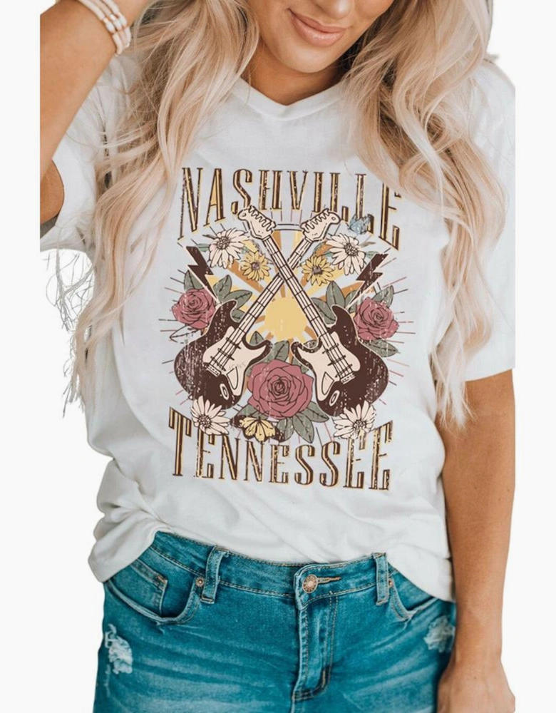 White Nashville Tennessee Guitar Rose Graphic Crewneck Tee
