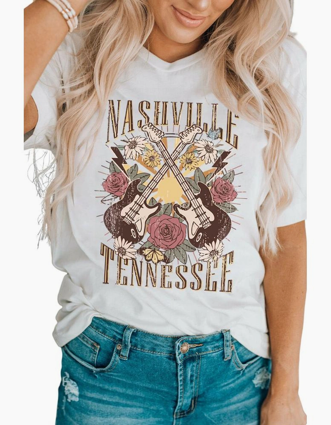 White Nashville Tennessee Guitar Rose Graphic Crewneck Tee