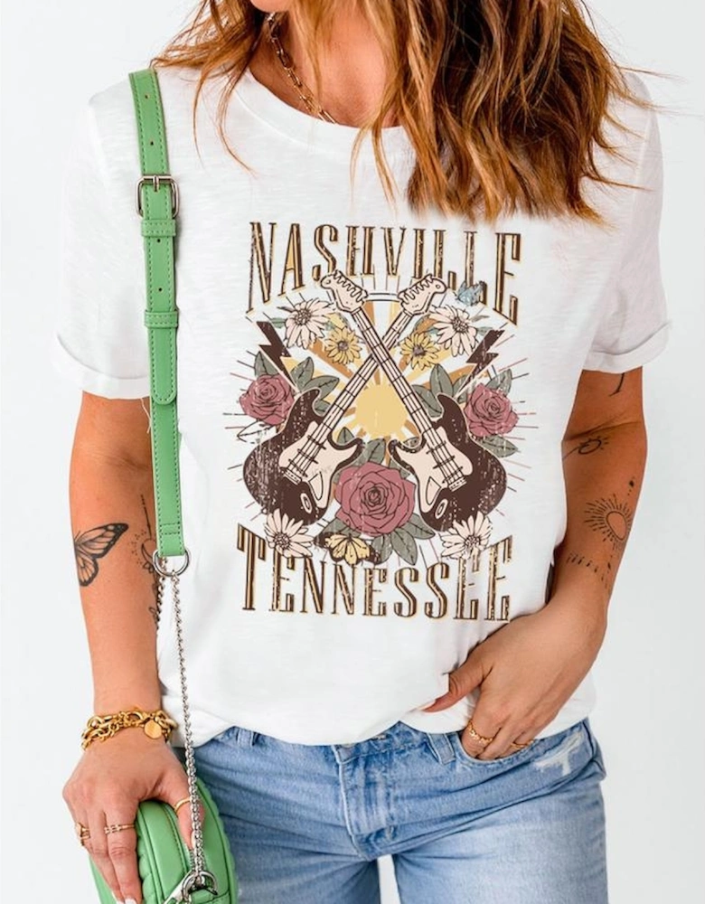 White Nashville Tennessee Guitar Rose Graphic Crewneck Tee