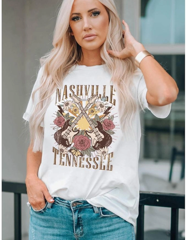 White Nashville Tennessee Guitar Rose Graphic Crewneck Tee