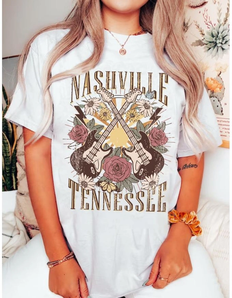 White Nashville Tennessee Guitar Rose Graphic Crewneck Tee