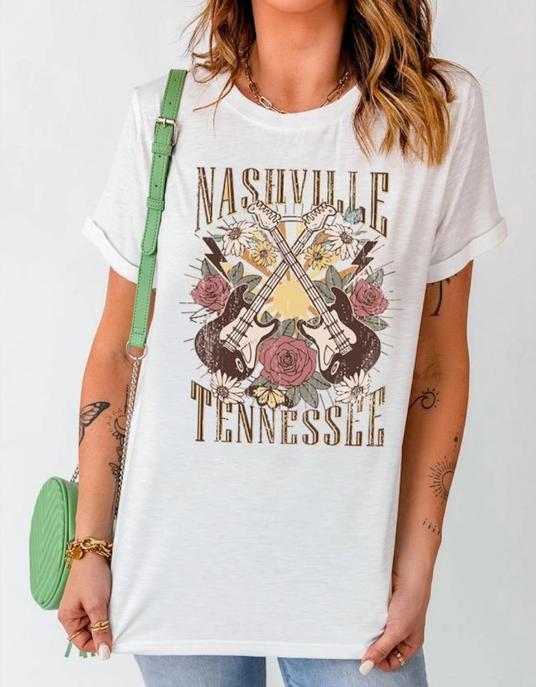 White Nashville Tennessee Guitar Rose Graphic Crewneck Tee