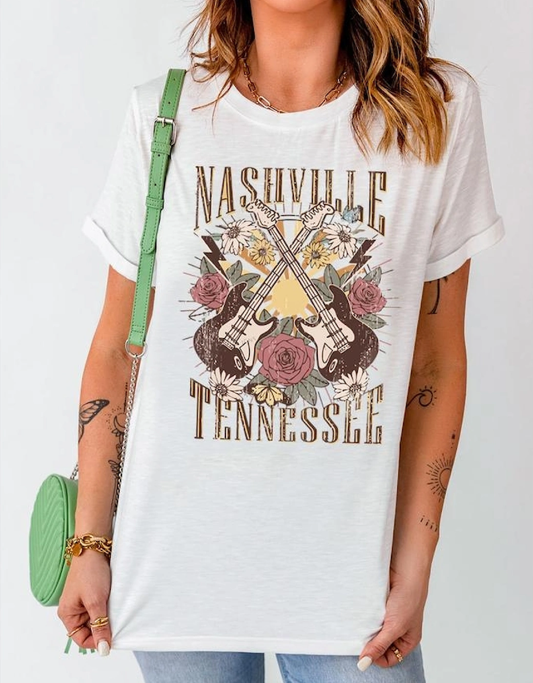 White Nashville Tennessee Guitar Rose Graphic Crewneck Tee