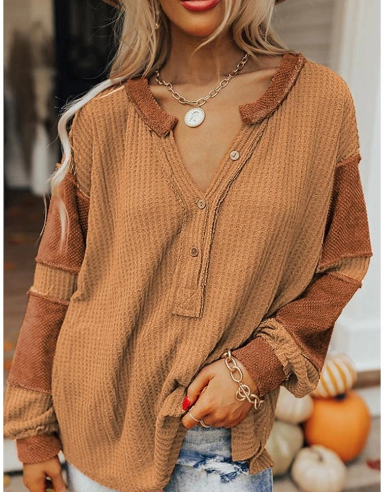 Orange Contrast Patched Exposed Seam Waffle Knit Henley Top