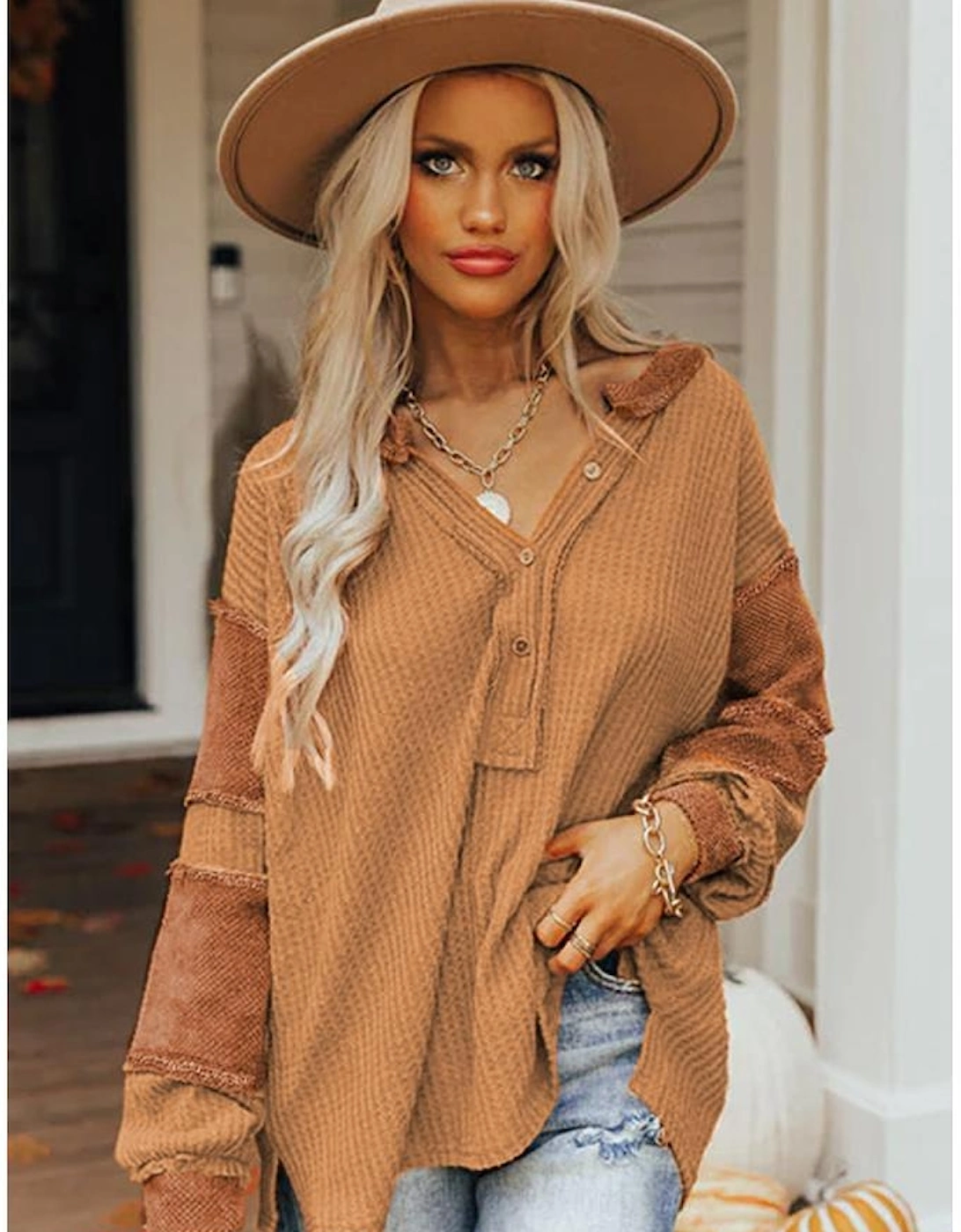 Orange Contrast Patched Exposed Seam Waffle Knit Henley Top