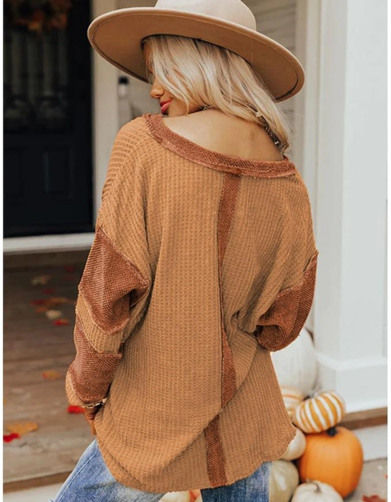 Orange Contrast Patched Exposed Seam Waffle Knit Henley Top