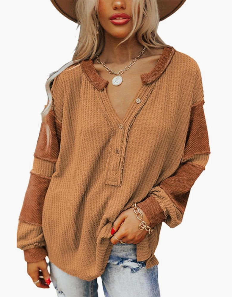 Orange Contrast Patched Exposed Seam Waffle Knit Henley Top
