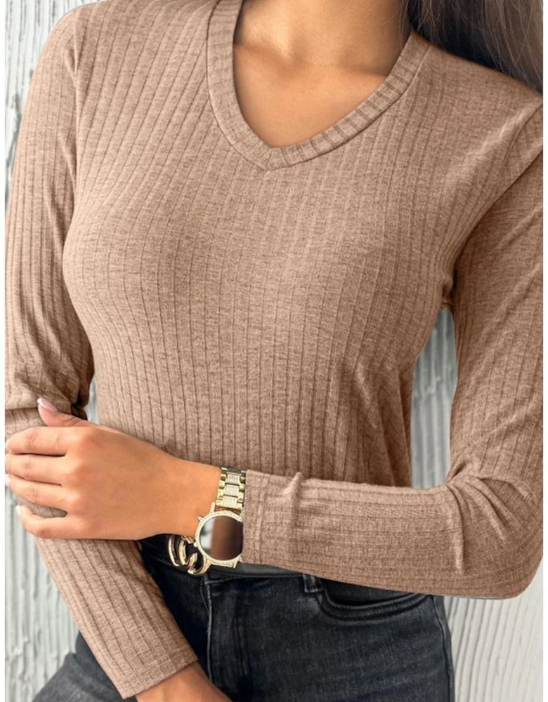 Straw Yellow Ribbed Knit V Neck Long Sleeve Slim Fit Top