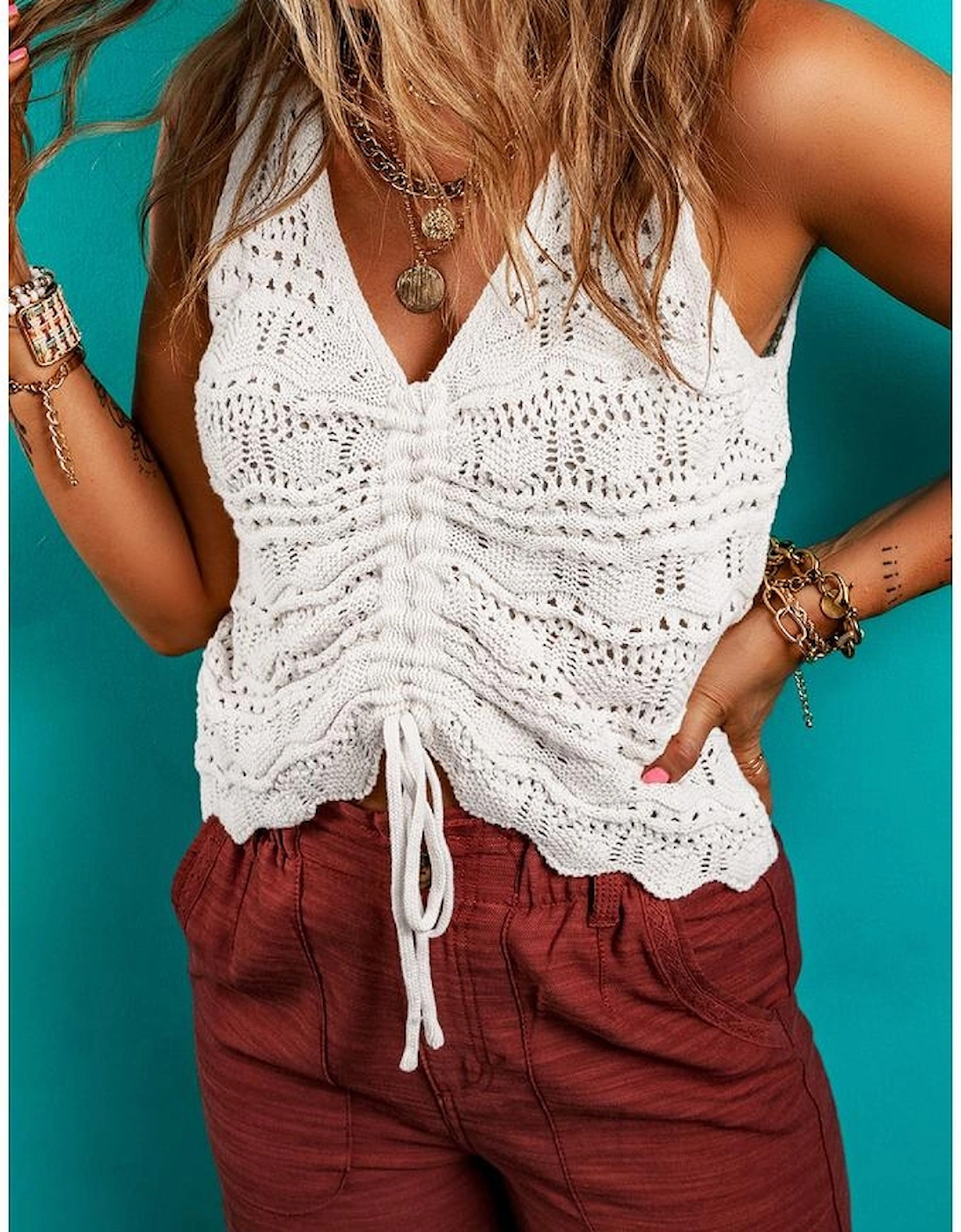 Beige Trendy Hollowed Knit V Neck Drawstring Sweater Vest