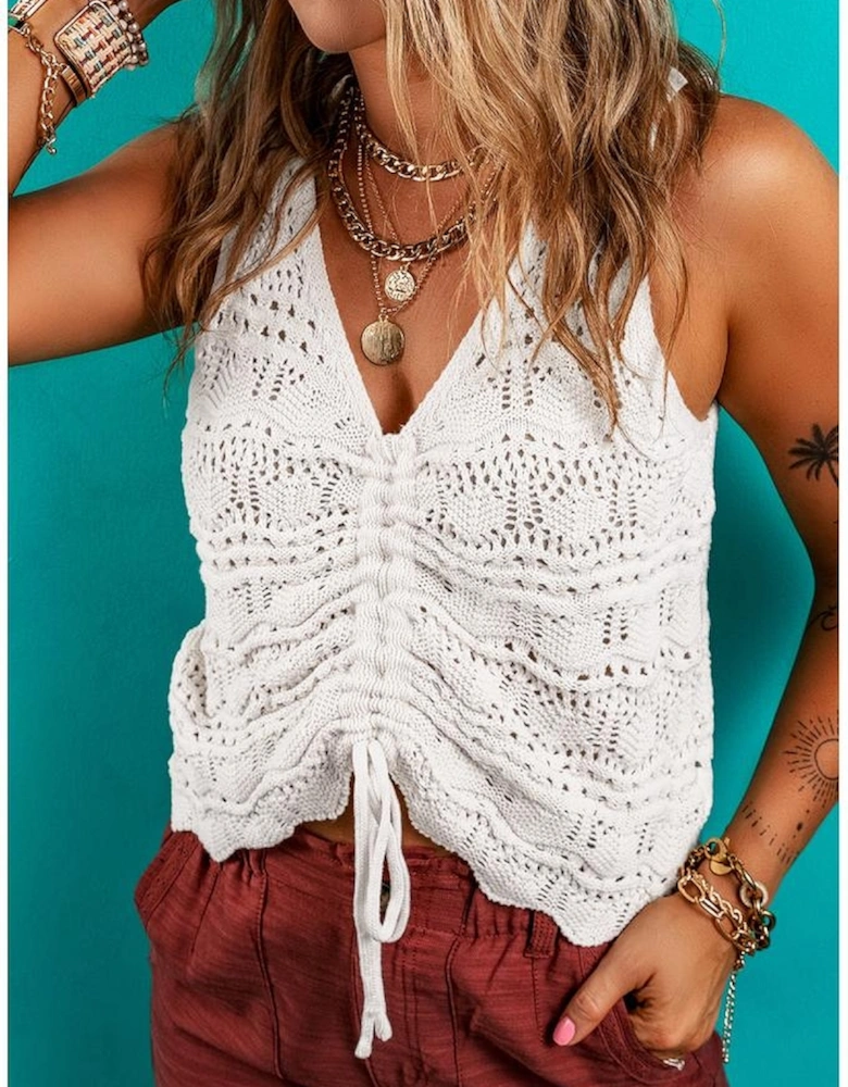Beige Trendy Hollowed Knit V Neck Drawstring Sweater Vest