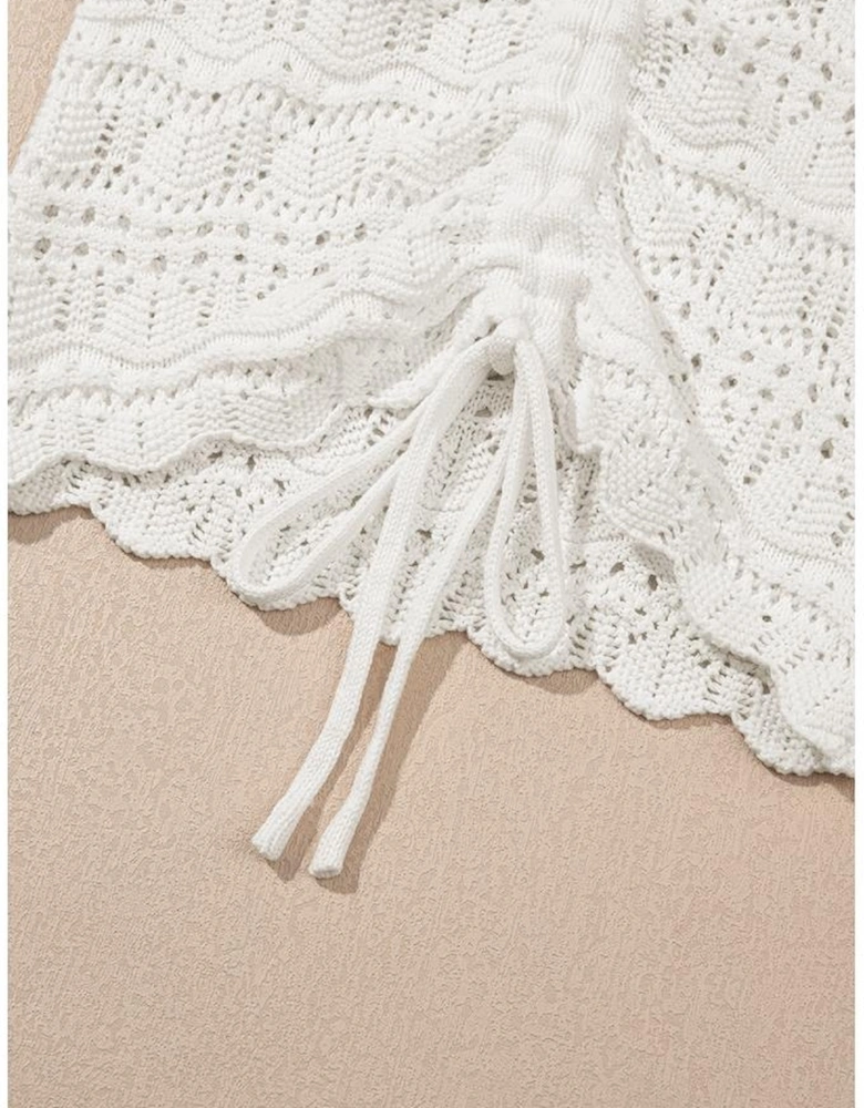 Beige Trendy Hollowed Knit V Neck Drawstring Sweater Vest