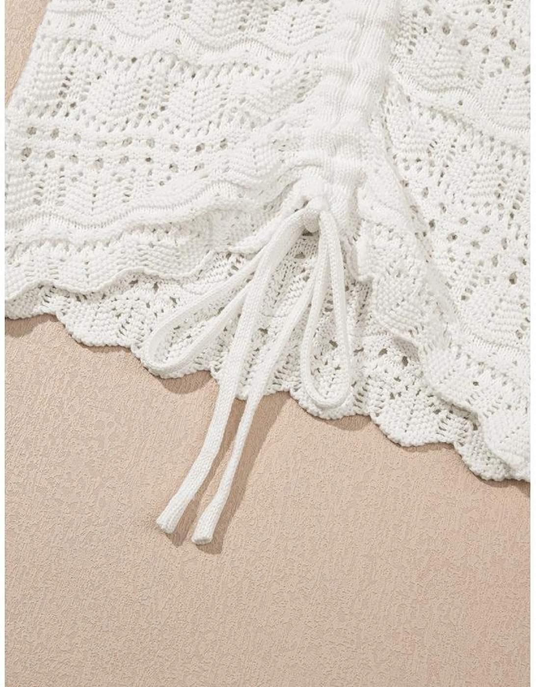 Beige Trendy Hollowed Knit V Neck Drawstring Sweater Vest