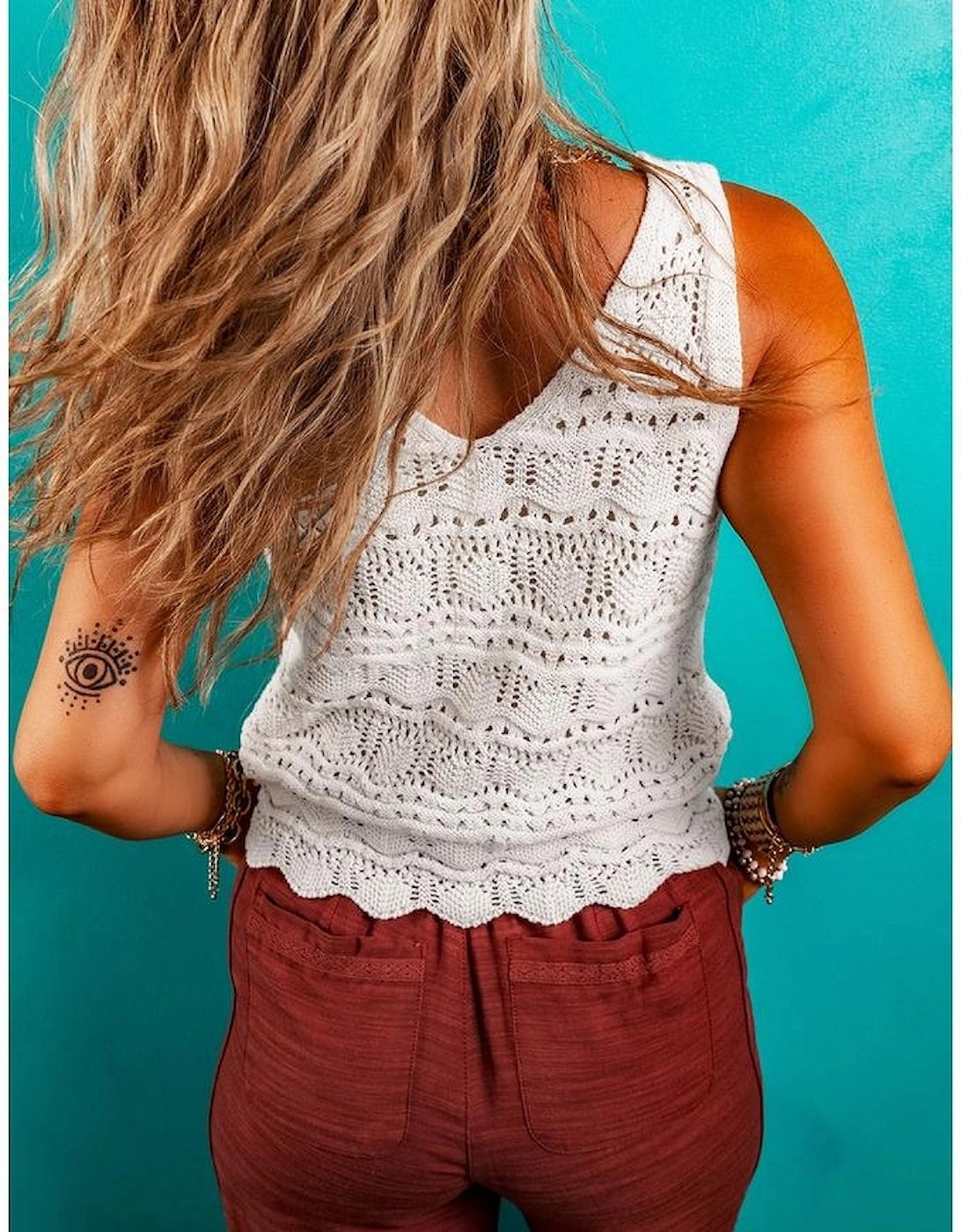 Beige Trendy Hollowed Knit V Neck Drawstring Sweater Vest, 12 of 11