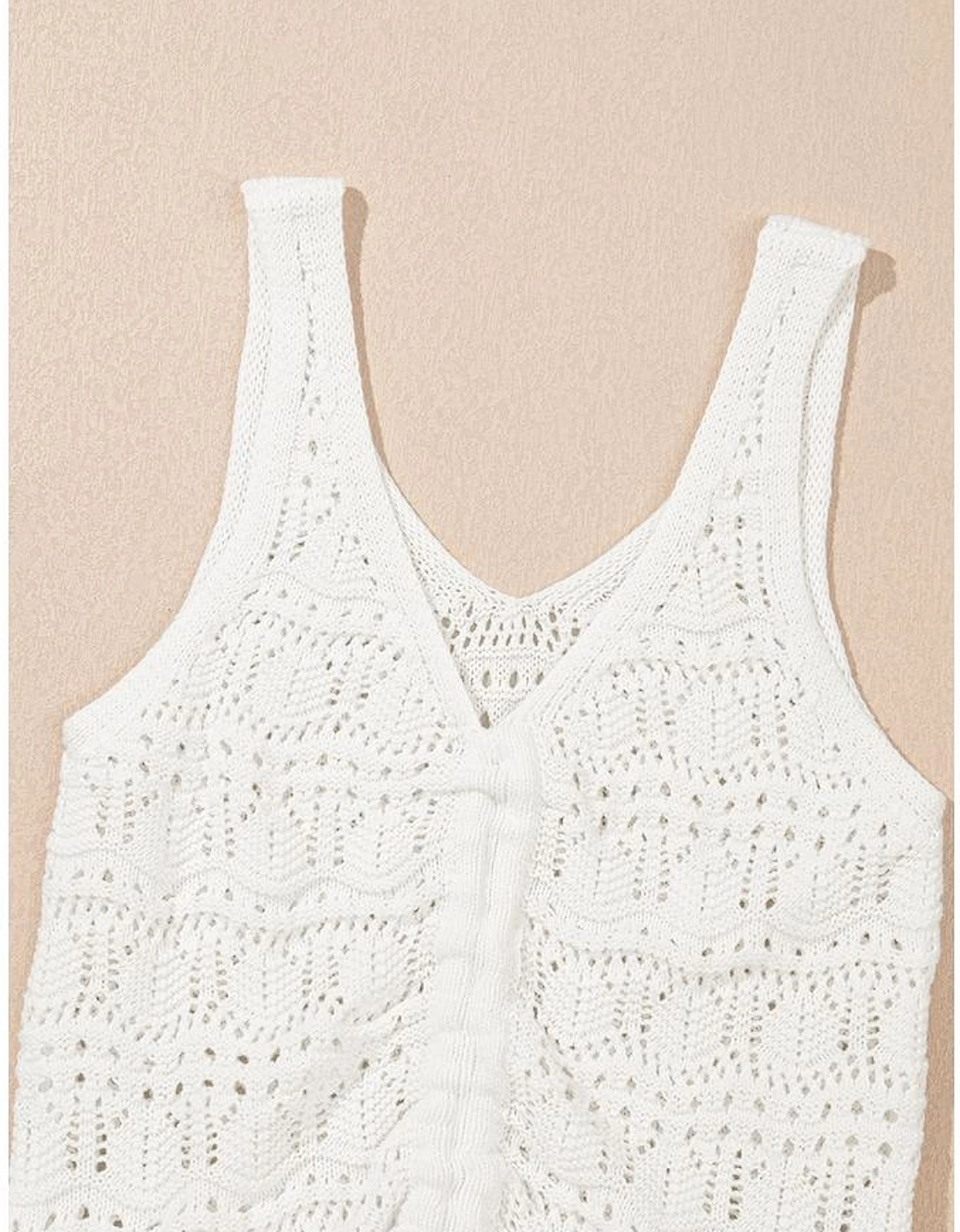 Beige Trendy Hollowed Knit V Neck Drawstring Sweater Vest