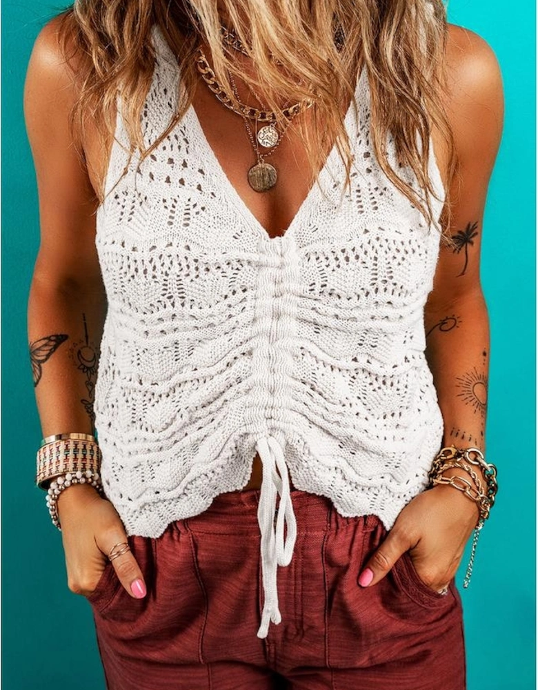 Beige Trendy Hollowed Knit V Neck Drawstring Sweater Vest