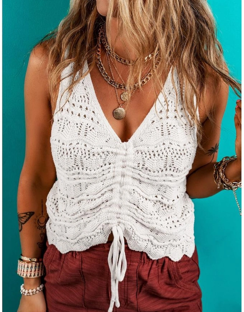 Beige Trendy Hollowed Knit V Neck Drawstring Sweater Vest
