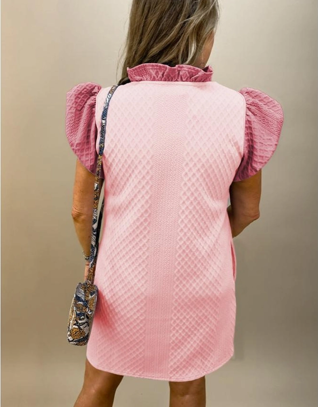 Light Pink Textured Puff Sleeve Ruffled V Neck Shift Mini Dress