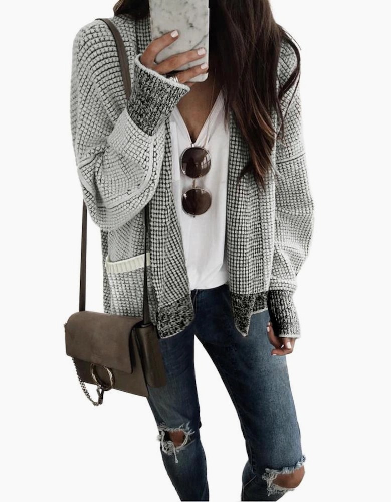 Gray Chunky Waffle Knit Oversized Collar Cardigan