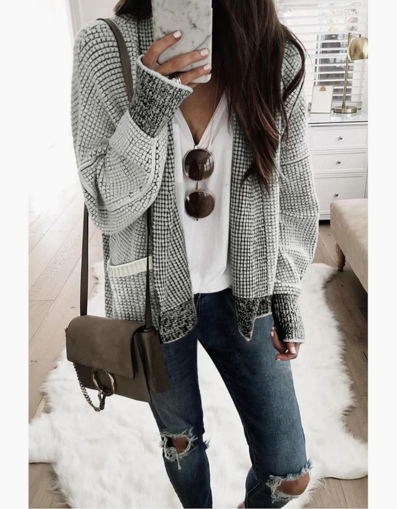 Gray Chunky Waffle Knit Oversized Collar Cardigan