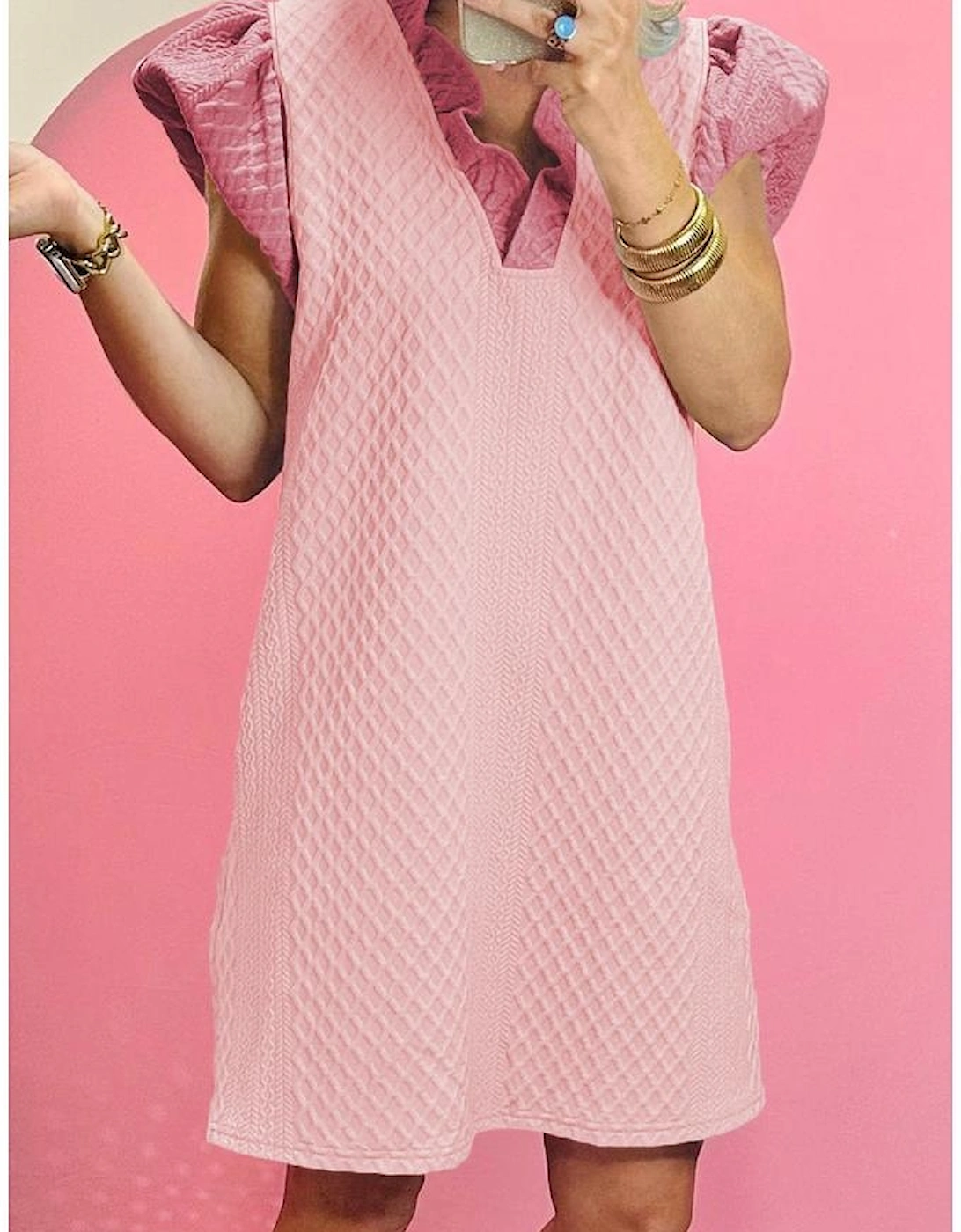 Light Pink Textured Puff Sleeve Ruffled V Neck Shift Mini Dress