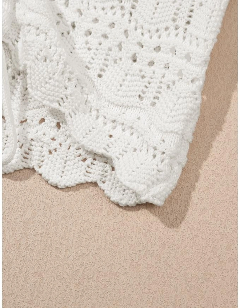 Beige Trendy Hollowed Knit V Neck Drawstring Sweater Vest