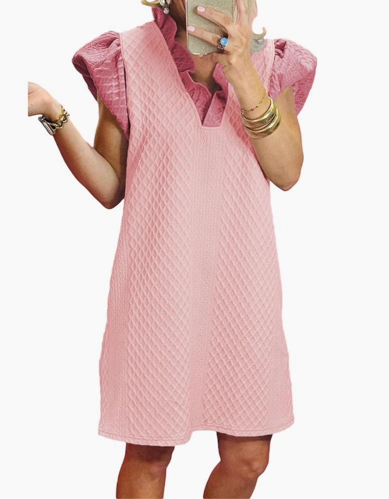 Light Pink Textured Puff Sleeve Ruffled V Neck Shift Mini Dress