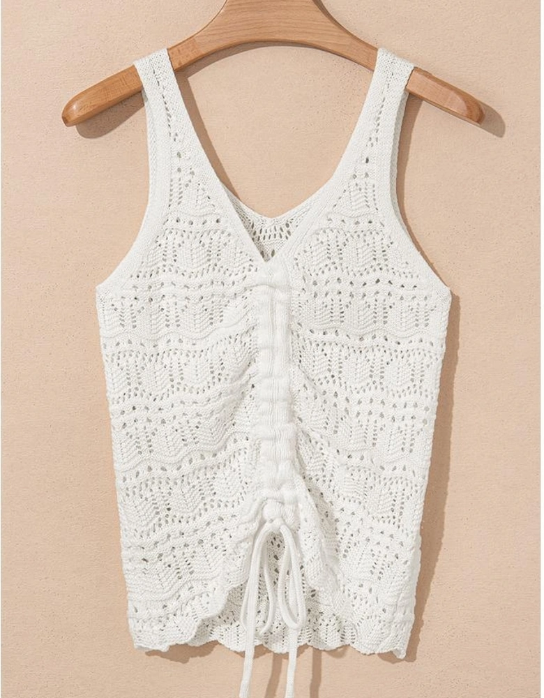 Beige Trendy Hollowed Knit V Neck Drawstring Sweater Vest