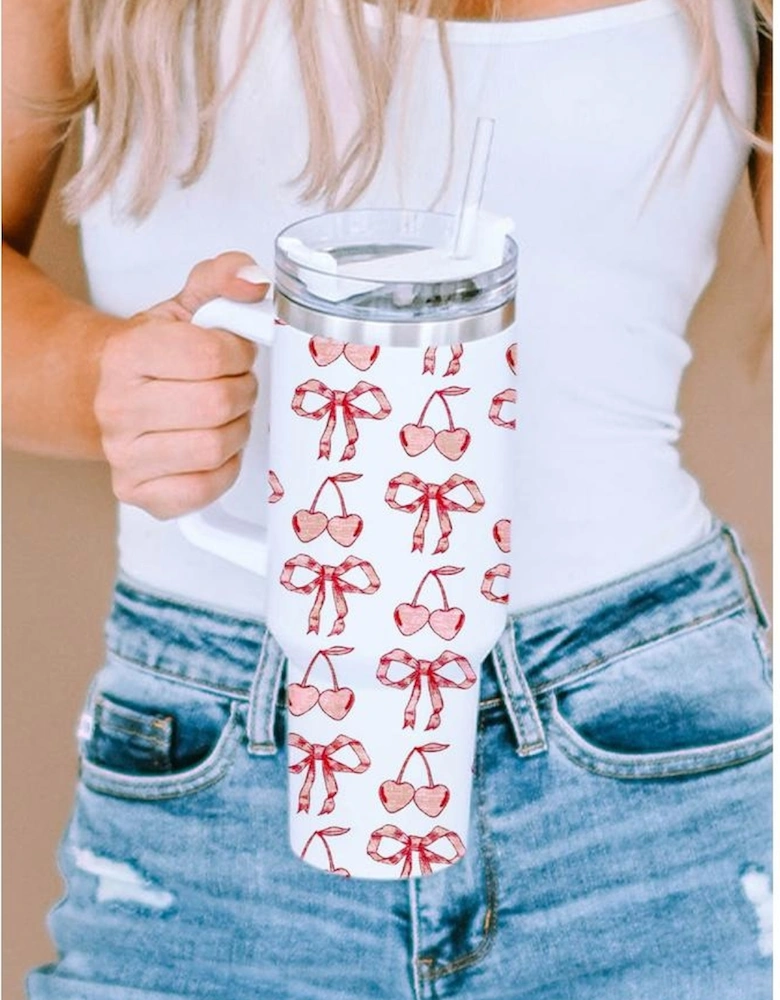 White Cherry Bowknot Stylish Large Tumbler with Handle 40oz