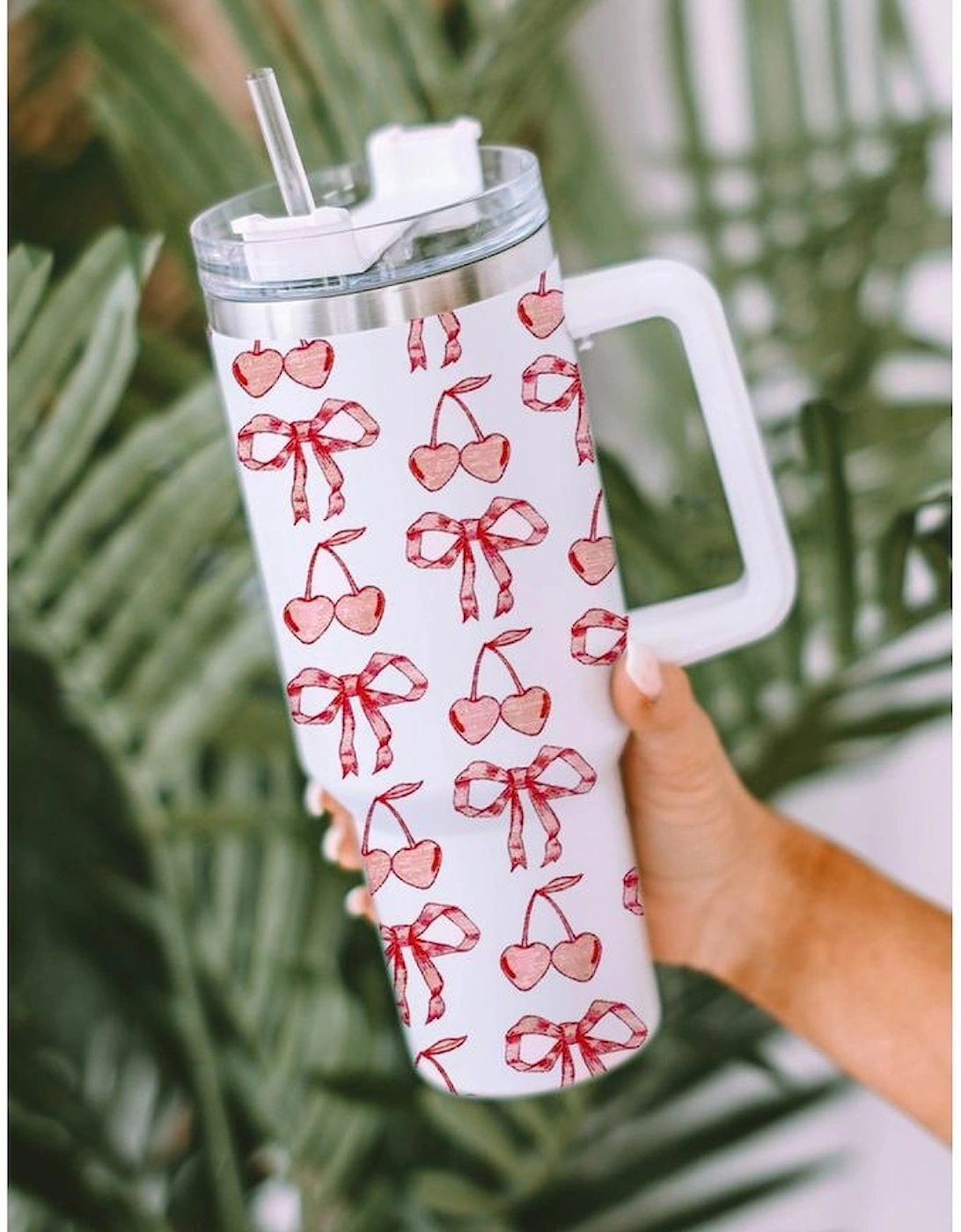 White Cherry Bowknot Stylish Large Tumbler with Handle 40oz