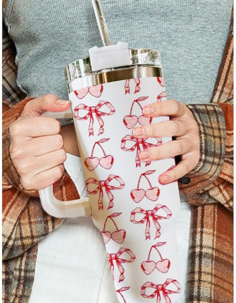 White Cherry Bowknot Stylish Large Tumbler with Handle 40oz