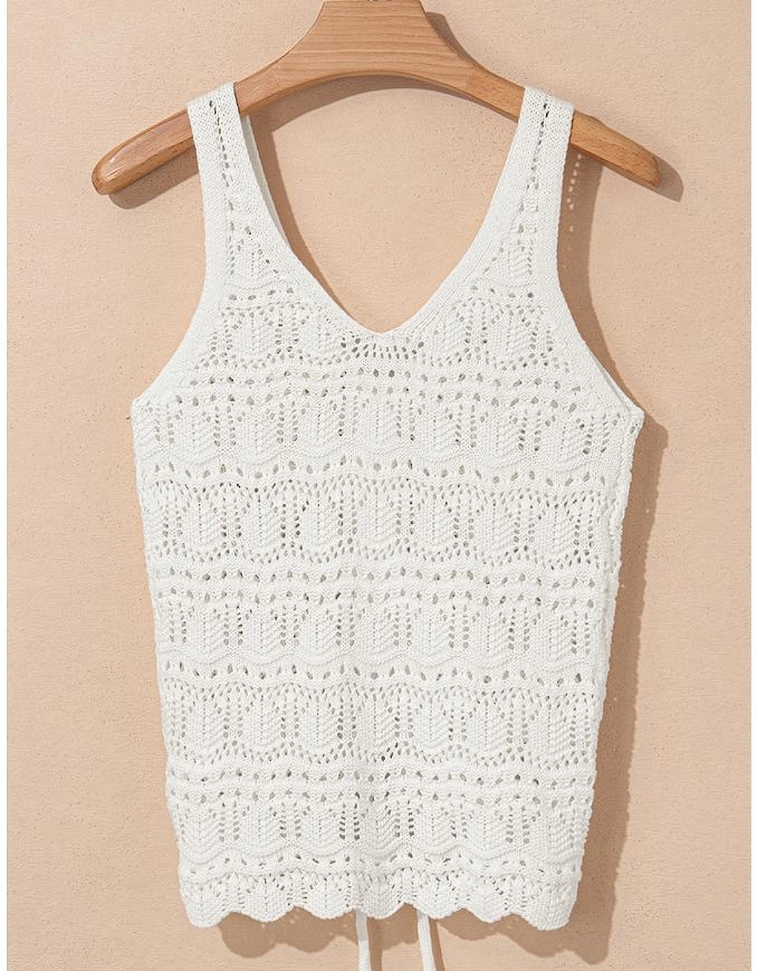 Beige Trendy Hollowed Knit V Neck Drawstring Sweater Vest