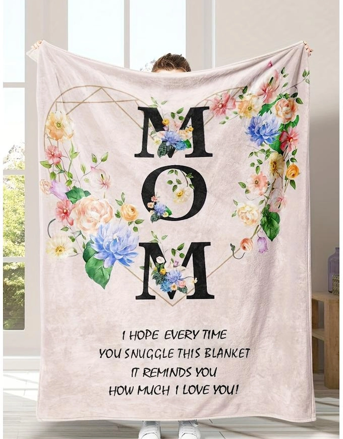 White MOM Floral Print Flannel Blanket 130*150cm