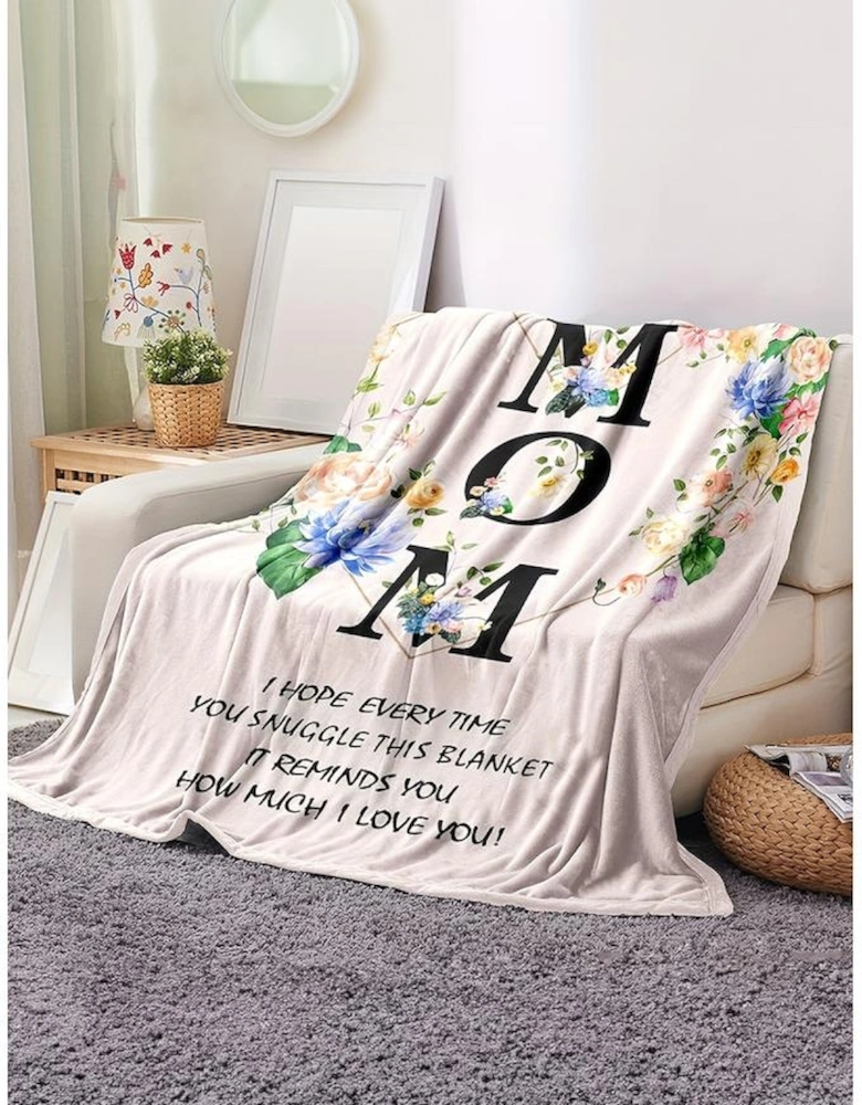 White MOM Floral Print Flannel Blanket 130*150cm