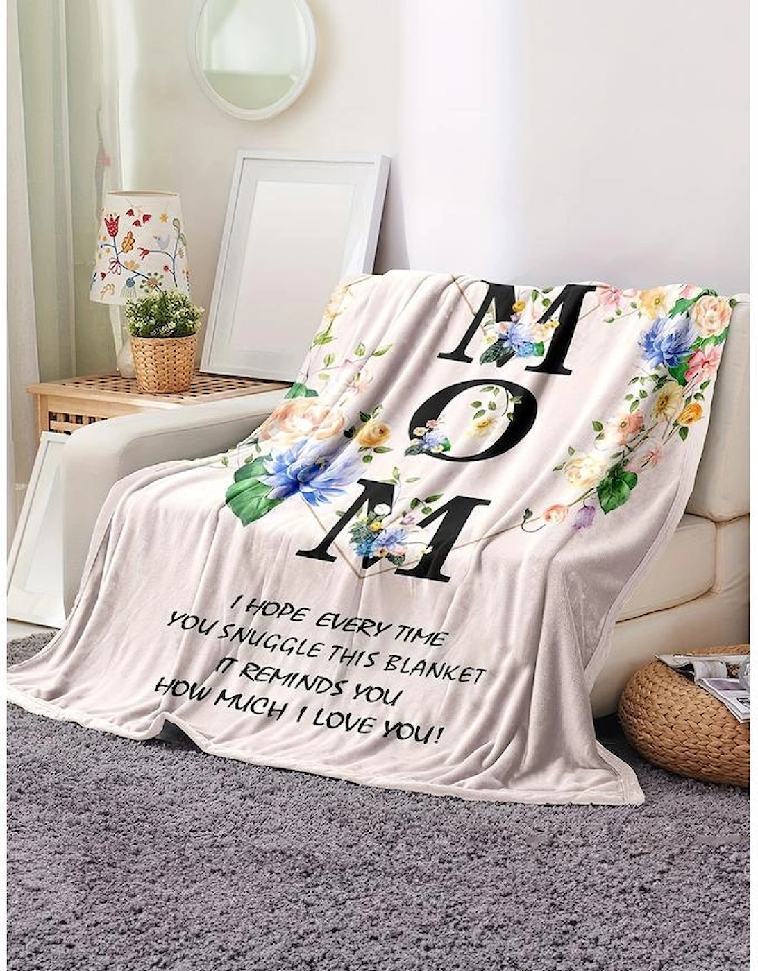 White MOM Floral Print Flannel Blanket 130*150cm