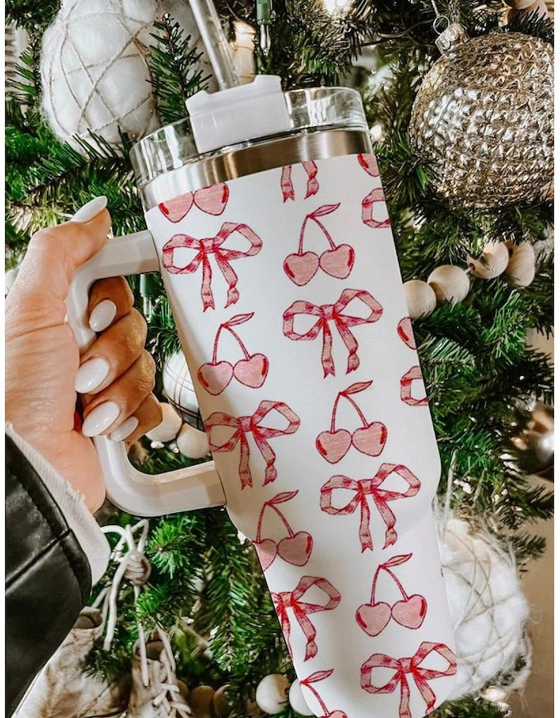 White Cherry Bowknot Stylish Large Tumbler with Handle 40oz