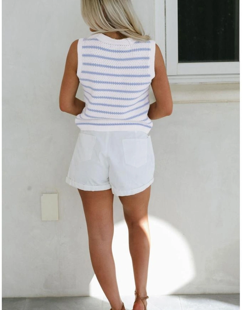 Sky Blue Stripe V Neck Gold Buttons Elegant Sweater Vest