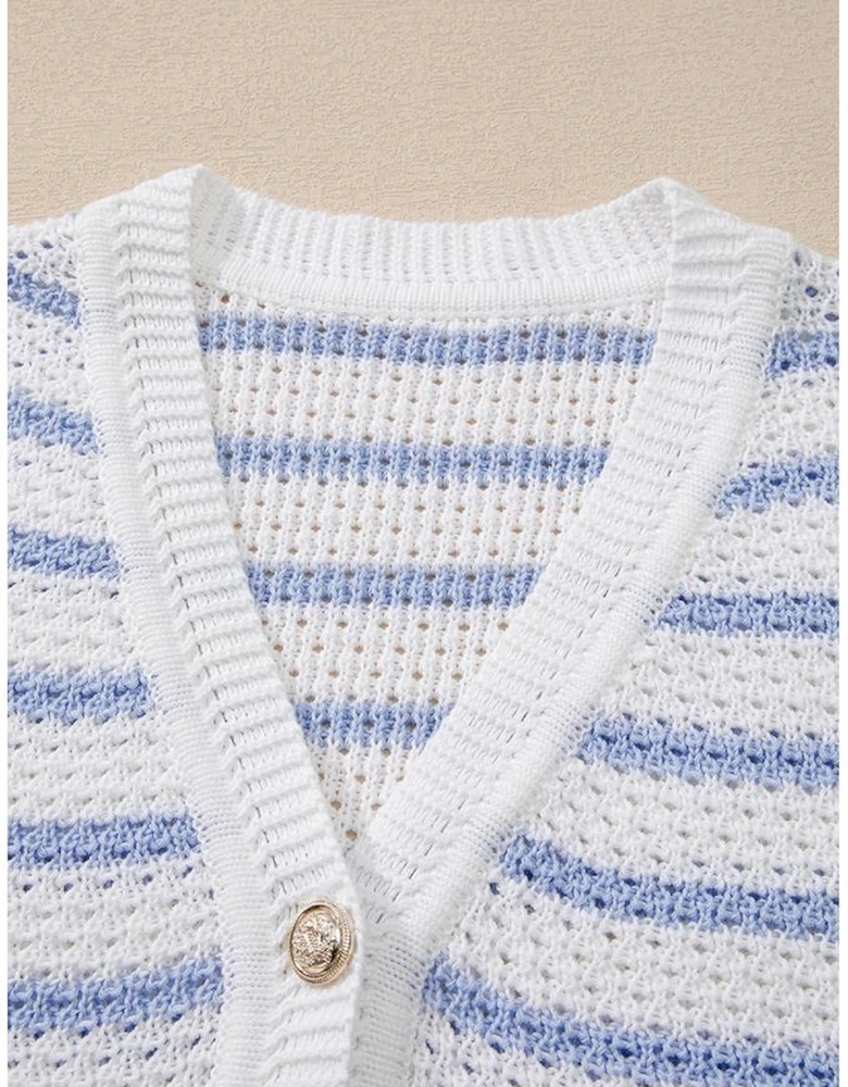 Sky Blue Stripe V Neck Gold Buttons Elegant Sweater Vest
