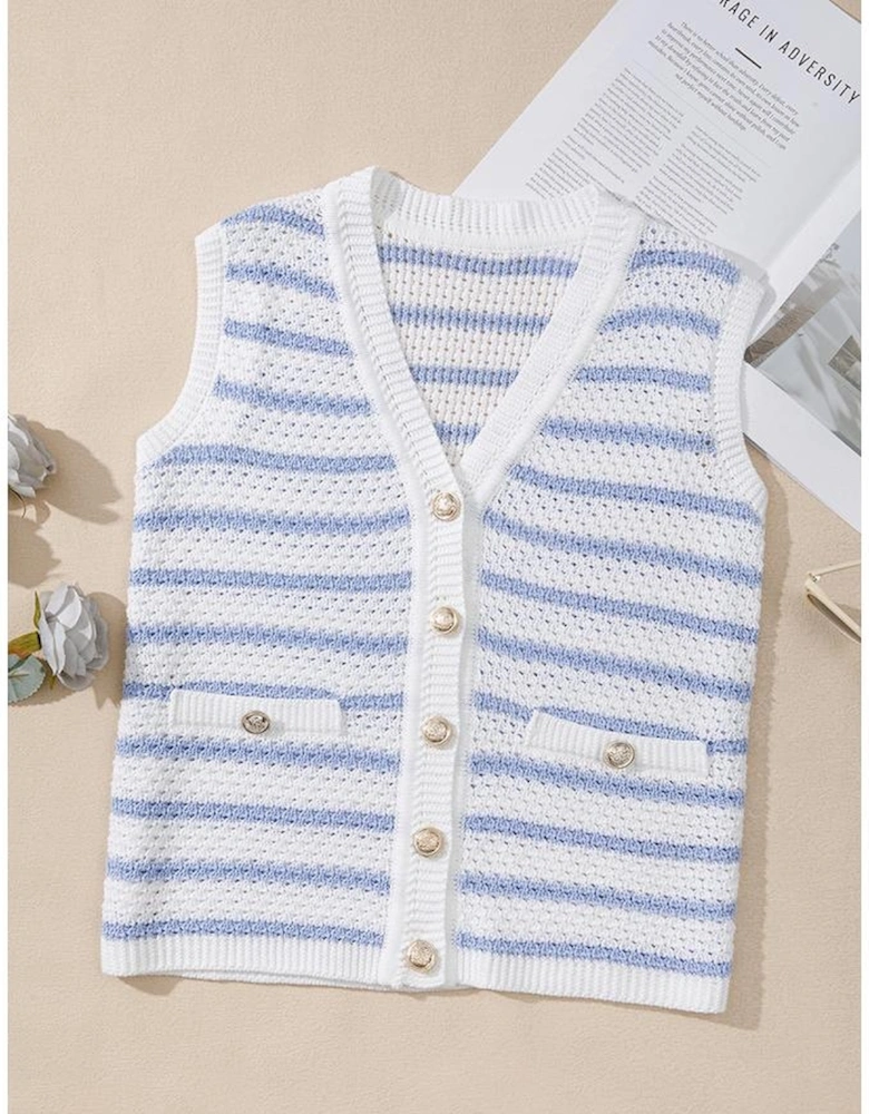Sky Blue Stripe V Neck Gold Buttons Elegant Sweater Vest