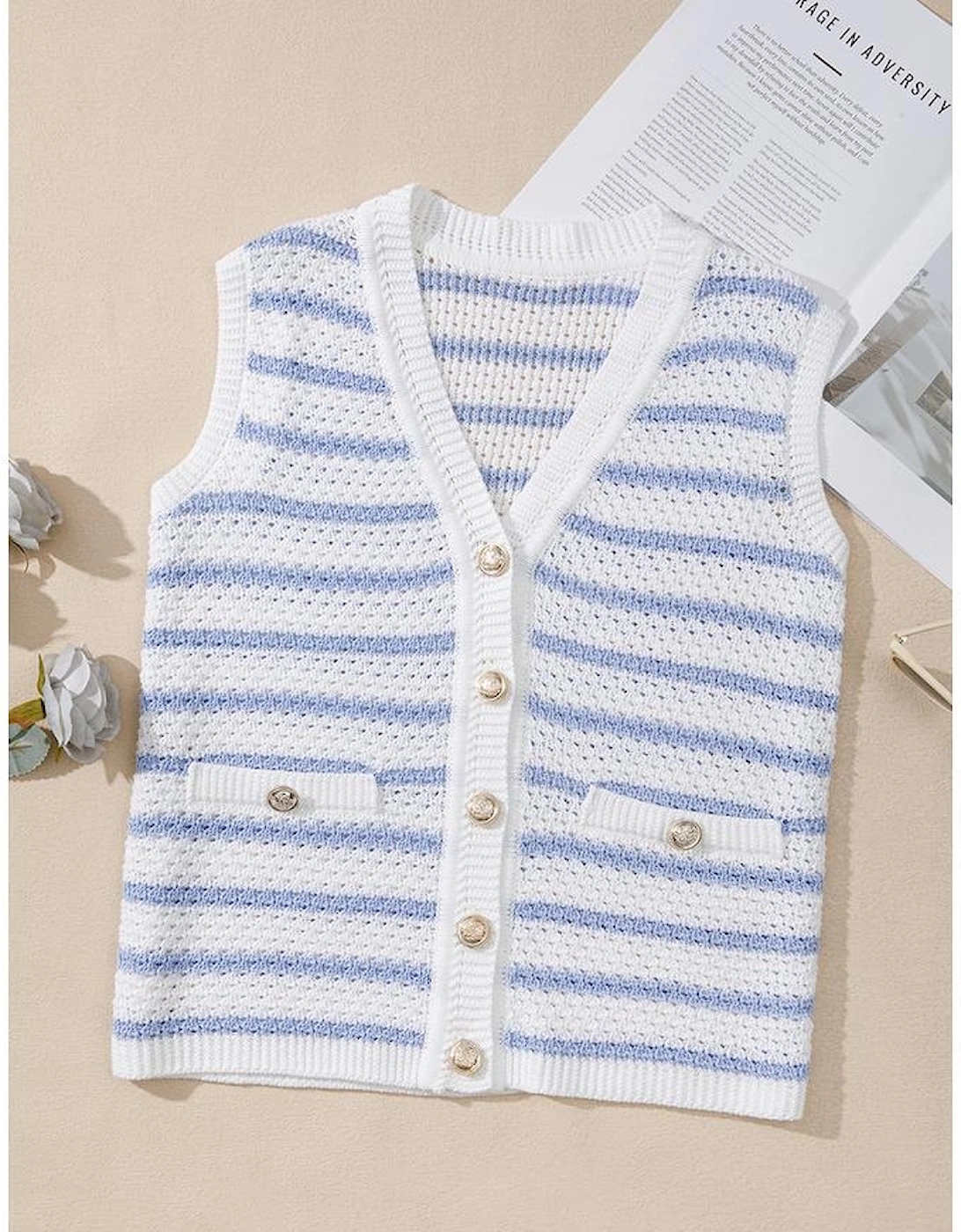 Sky Blue Stripe V Neck Gold Buttons Elegant Sweater Vest