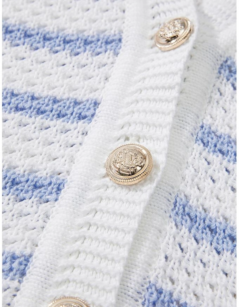 Sky Blue Stripe V Neck Gold Buttons Elegant Sweater Vest