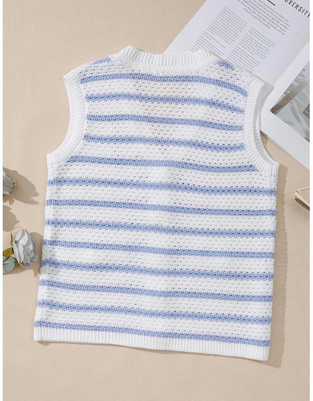 Sky Blue Stripe V Neck Gold Buttons Elegant Sweater Vest