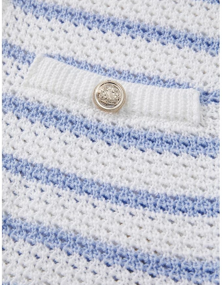 Sky Blue Stripe V Neck Gold Buttons Elegant Sweater Vest